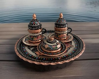 Copper Coffee Set with 2 coffee cups, solid copper tray and sugar All Solid Copper