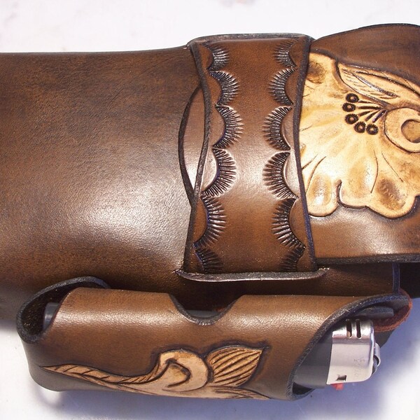 Hand Tooled Leather Cigarette Case with a Lighter Holder