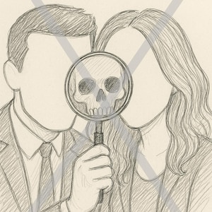 May include: Pencil sketch illustration featuring two figures with the word "BONES" at the top. One figure holds a magnifying glass with a skull in the center. The figures are faceless, and the image has a forensic or medical theme.