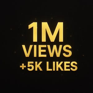 Könnte beinhalten: Goldfarbener Text auf schwarzem Hintergrund mit der Aufschrift "1M VIEWS +5K LIKES". Die Zahlen und Buchstaben sind fett und leicht erhaben, mit einem dezenten metallischen Glanz. Kleine, verstreute weiße Punkte erzeugen einen Sterneneffekt.