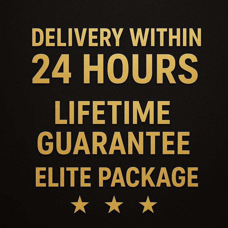 May include: Gold text on a black background reads "DELIVERY WITHIN 24 HOURS, LIFETIME GUARANTEE, ELITE PACKAGE" with three gold stars at the bottom. The text is in a bold, sans-serif font.