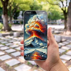 Puede incluir: Un teléfono inteligente que muestra un reloj digital con la hora 3:10 y la fecha sábado 5 de octubre. La imagen de fondo es una pintura de un volcán en erupción con una montaña en primer plano.