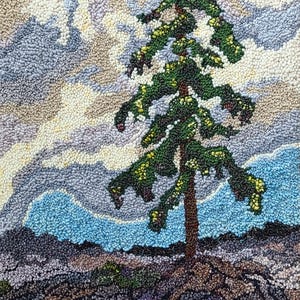 May include: A needlepoint rug featuring a green pine tree standing tall against a blue and white cloudy sky. The tree is surrounded by brown rocks and a small patch of green grass.