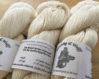 Merino/Cotton Sock Yarn - Natural White - 100g Skein