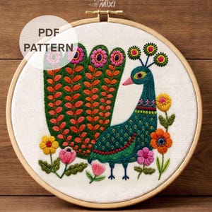 May include: A colorful peacock embroidery pattern in a wooden hoop. The peacock is teal with a pink beak and is surrounded by flowers in pink, yellow, and orange. The text "PDF PATTERN" is in a white circle. The text "DMC Color Chart + Stitch Guide" is at the bottom.