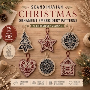 May include: A digital PDF download featuring six Scandinavian Christmas ornament embroidery patterns. The designs include a tree, star, circular floral motifs, heart with birds, and a house, all in red and black thread on a light fabric.