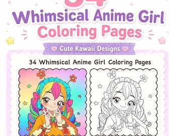 May include: A digital collection of 34 Whimsical Anime Girl Coloring Pages featuring Cute Kawaii Designs. The cover displays a colorful anime girl with rainbow hair holding candy canes next to a black and white line art version of the same image.