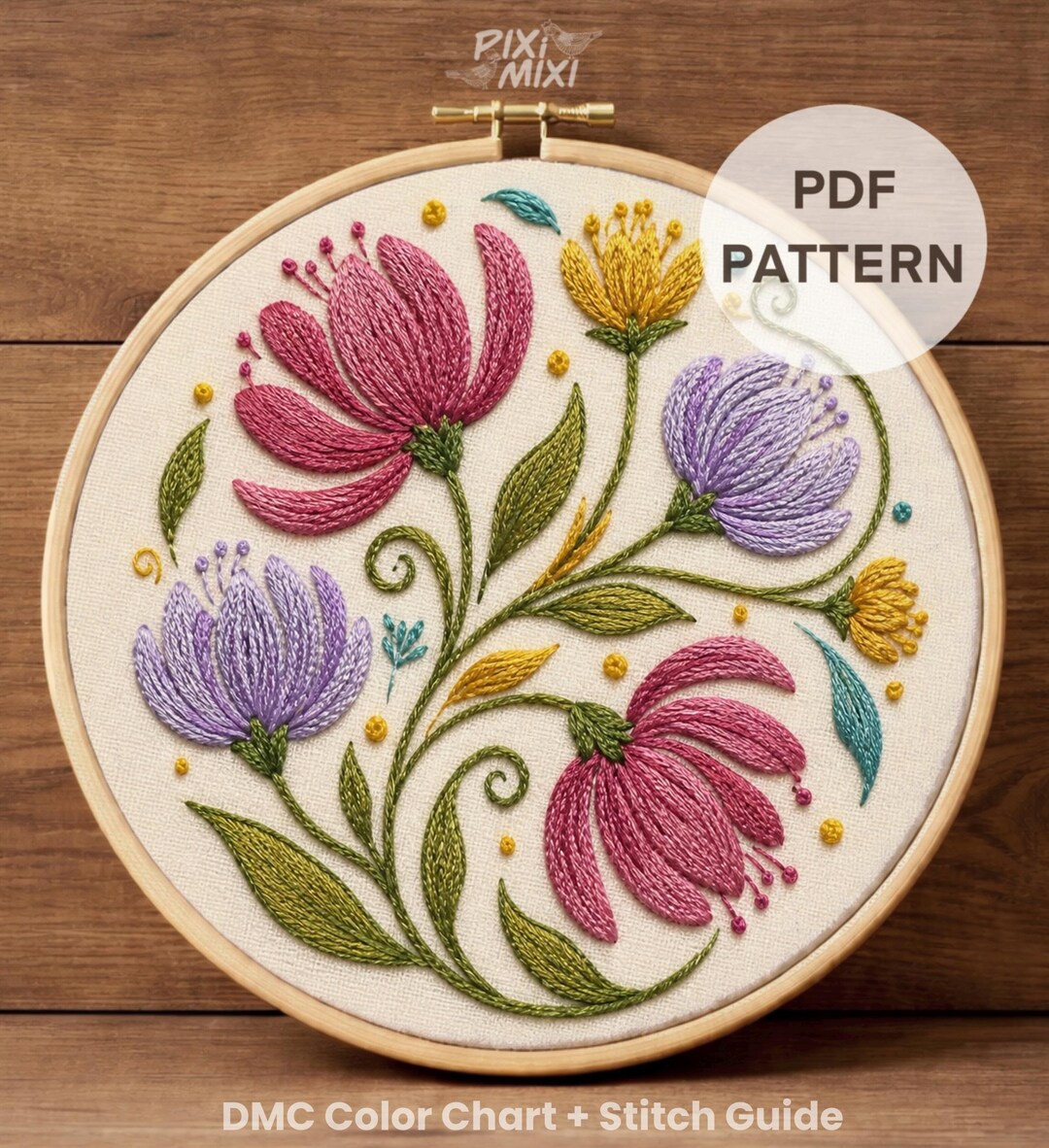 Floral Embroidery Pattern PDF, Modern Botanical Design, Beginner Stitch ...