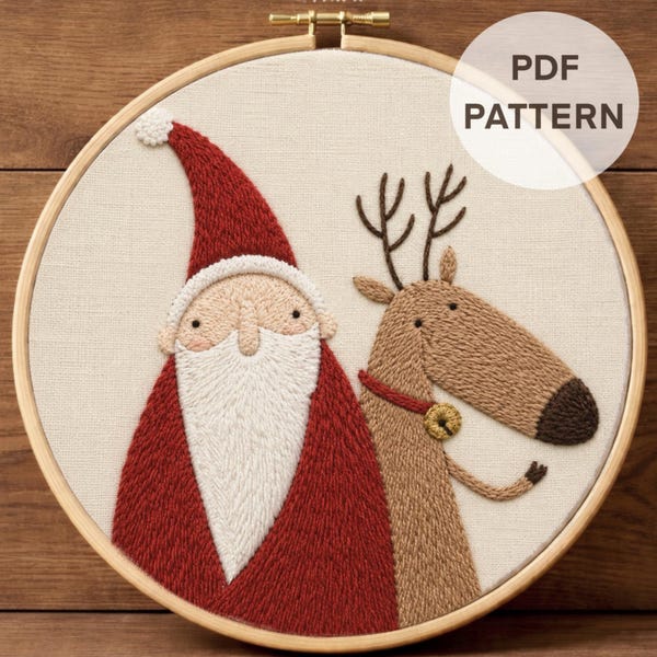 Modern Santa Reindeer Embroidery Pattern PDF | Christmas Hoop Art (Instant Download)