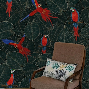 Tropical Wallpaper | Vibrant Parrot Wallpaper | Jungle Wallpaper | Bedroom | Living Room | Peel & Stick Wallpaper | Removable Wallpaper