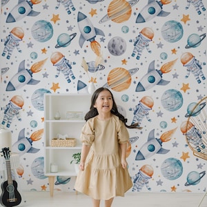 Astronauts, Rockets, Planets Wallpaper | Space Adventure Wallpaper | Nursery Room | Kids Room | Peel & Stick Wallpaper | Removable Wallpaper