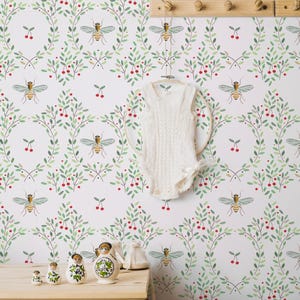 Bee Wallpaper | Cherry Wallpaper | Nature Inspired Wallpaper | Nursery Room Wall | Kids Room | Peel & Stick Wallpaper | Removable Wallpaper