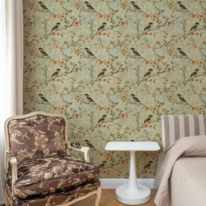 Carta da parati vintage / Carta da parati con uccelli e fiori / Carta da parati ispirata alla natura / Carta da parati rustica / Carta da parati staccabile e adesiva / Carta da parati rimovibile