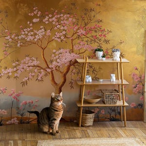 Kirschblüten Wandbild | Japanische Tapete | Elegante Tapete | Tapete Gold |Schlafzimmer | Tapete abziehen und aufkleben | Abnehmbare Tapete