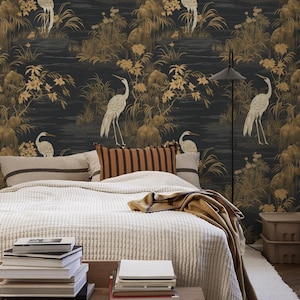 Swam Wallpaper | Crane Birds Wallpaper | Nature Inspired Wallpaper | Birds Wallpaper | Peel & Stick Wallpaper | Removable Wallpaper