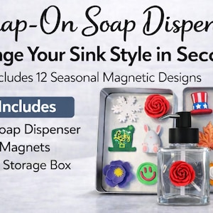 May include: Clear glass snap-on soap dispenser with a black pump and a red rose accent. Includes 12 seasonal magnetic designs, such as a snowflake, a red rose, a leprechaun hat, a bunny, a smiley face, and a sun with sunglasses.