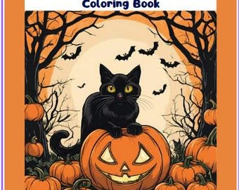 May include: A black cat sits on a jack-o'-lantern with a toothy grin. The cat is surrounded by pumpkins and bats fly in the background. The text "HALLOWEEN Coloring Book" is at the top of the image.