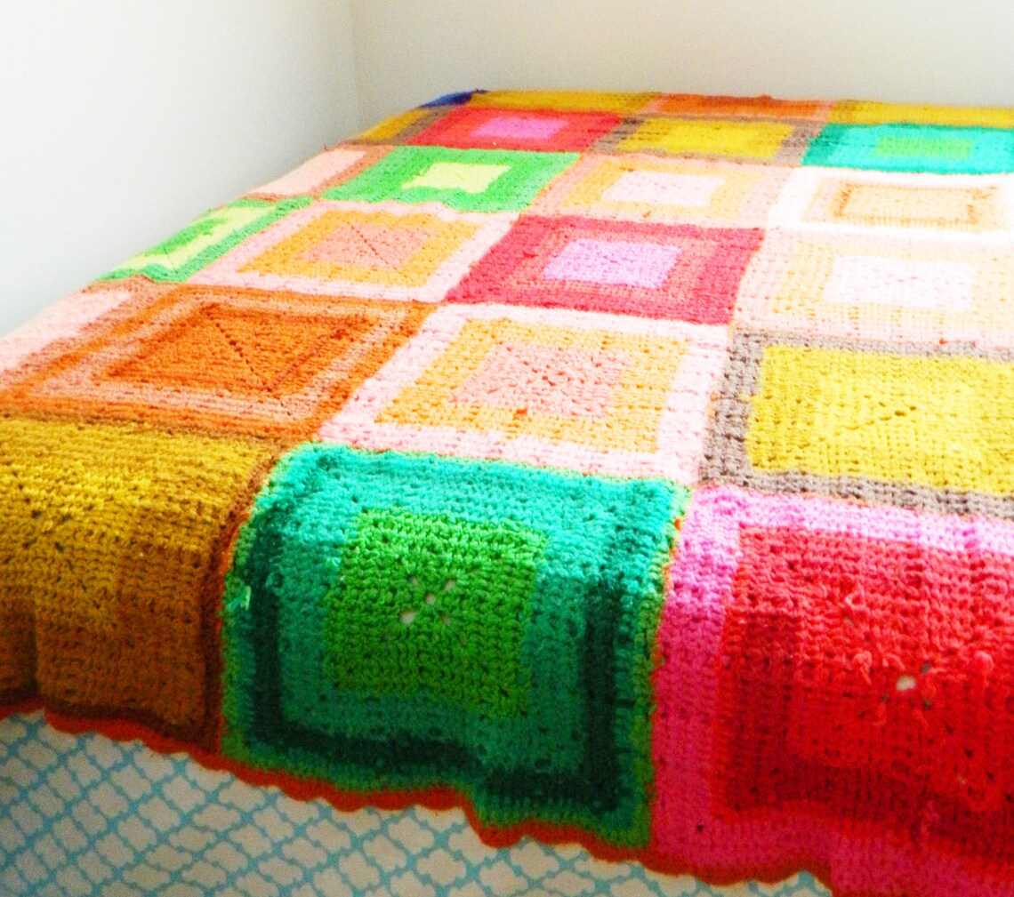 Bright Vintage Crocheted Blanket Etsy