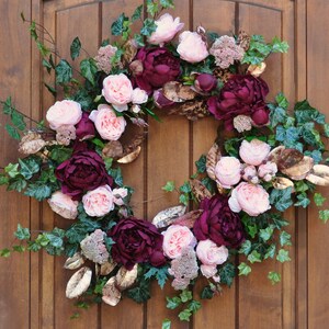 Burgundy Peony & Blush Rose Spring Wreath