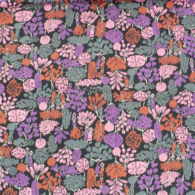 May include: A black fabric with a repeating pattern of stylized trees, flowers, and figures in shades of pink, purple, orange, and gray.