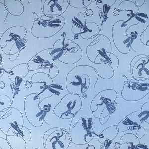 Western fabric, Vintage, Remnants, Roping Cowboys, Rare, 1950s, Blue, Navy,