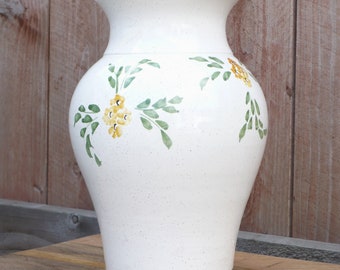 Large Vase, Hand-Painted, France, White glaze, Yellow flowers, Hand-crafted, Country French, Vintage