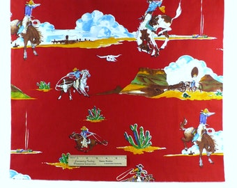 Western Fabric, Alexander Henry, 18x22 inch FQ, Vintage fabric, Red, Cowboy fabric, Rare, Out of Print