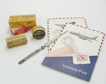 Vintage office supplies, Lot of 7 pieces, Oakville paper clips, thumb tacks, staples, original boxes, letter opener, Made in USA