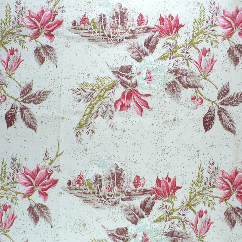 Vintage Barkcloth Large Floral Mid Century Pink Red Aqua Etsy