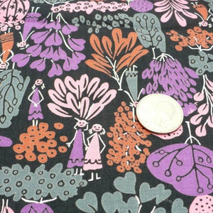 May include: Black fabric with a repeating pattern of stylized flowers, leaves, and figures. The flowers are pink, purple, and orange. The leaves are green and gray. The figures are white and black.