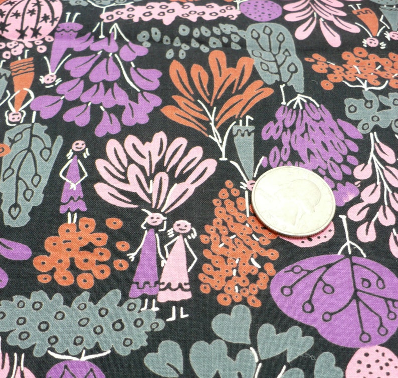 May include: Black fabric with a repeating pattern of stylized flowers, leaves, and figures. The flowers are pink, purple, and orange. The leaves are green and gray. The figures are white and black.