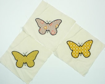 Vintage applique, 8" quilt blocks, vintage fabrics, butterfly quilt, feedsack look, 3 quilt blocks