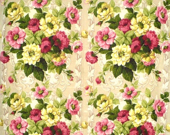 Drapery fabric, 2 YARDS, Roses, Flowers, 1940's, Vintage fabric, Pinks, Cream, Green, Scrolls, 46" wide