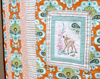 Modern baby quilt, vintage embroidery, deer, applique blanket, Amy Butler Belle, aqua, tangerine, Bohemian nursery