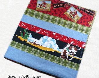 Manta de bebé estilo western, manta de patchwork, 91 x 101 cm, tela western vintage, manta vaquera, chambray azul, pañuelo rojo