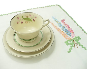 Corabel, Syracuse China, 3 pieces, vintage embroidered tray cloth, Old Ivory, vintage teacup, platinum rim