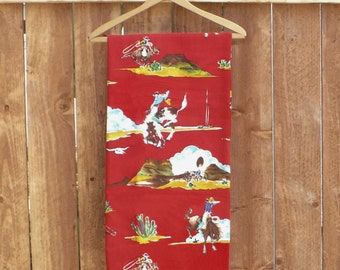 Western baby blanket, Cowboys, Red, Limited Edition, 38x40 inches, cotton & flannel, Retro Cowboy Scenes, Horses