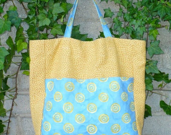 Tote Bag, Large Project Bag, Market Tote, Knitting, Yellow & Blue, Upholstery fabric, fully lined, zipper pocket