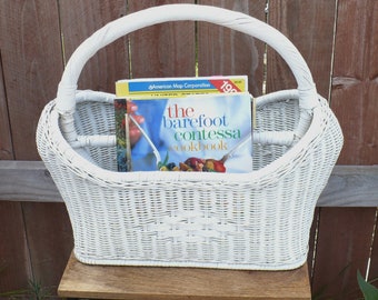 Large Wicker Magazine Basket, Vintage wicker basket, Cottagecore White wicker storage basket with handle