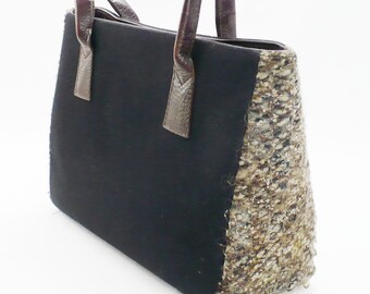 Vintage Sarah Shaw Handbag, Wool and Leather, Black, Brown, Designer purse