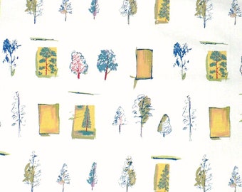 Trees fabric, 1 YARD, Indigo Blue, Green, Yellow, Home Decor, Upholstery, Drapery, 56" wide, Cotton