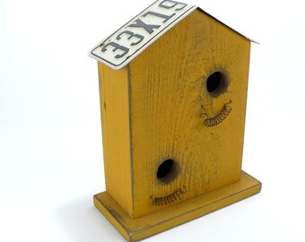 Vintage license plate birdhouse, Recycled, Rustic birdhouse, Nebraska, Garden decor, Painted birdhouse, Yellow