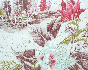 Tela de corteza vintage, años 50, rosa, rojo, aguamarina, detalles metálicos, 1 yarda, flores