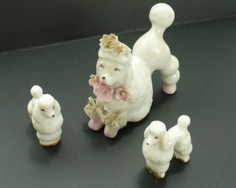 Spaghetti Poodle, set of 3, MCM, Vintage poodles, Made in Japan, Poodle figurines, White Porcelain