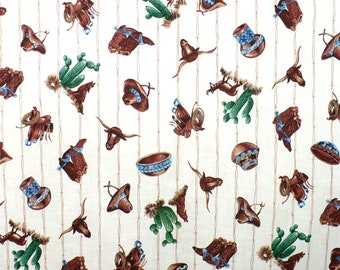 Western fabric, Vintage, 43x31 inches, boots, hats, cactus, saddles, barbed wire, Out of Print, Tan, blue, Green, SALE