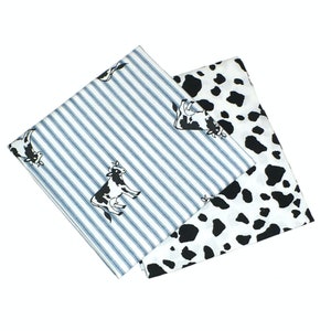 Cow fabric, Blue Ticking Stripe, Black & White Cow spots, cows, Quilting, Fat Quarters, Cotton