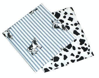 Cow fabric, Blue Ticking Stripe, Black & White Cow spots, cows, Quilting, Fat Quarters, Cotton