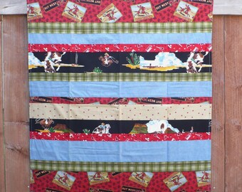 Western Baby Blanket, Patchwork blanket, 36x40 inches, Vintage western fabric, Cowboy blanket, Blue chambray, red bandana