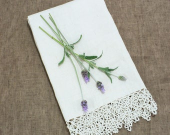 Antique Linen Guest Towel, Hand Made Tatted Lace, Linen Hand Towel, 34 inches long, Hostess Gift