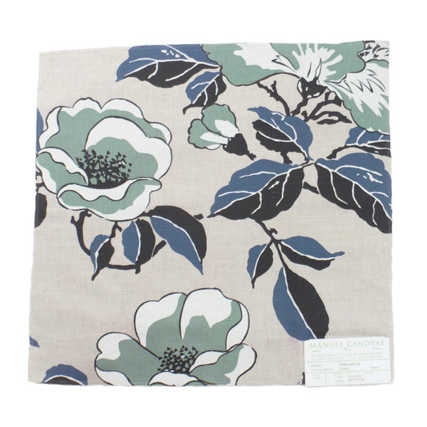 Manuel Canovas, Designer Fabric sample, Bold Floral, Indigo, Linen, Made in France, Pillow fabric